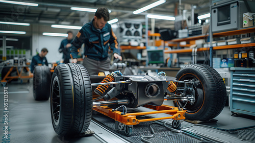 Engineers working on an electric vehicle prototype