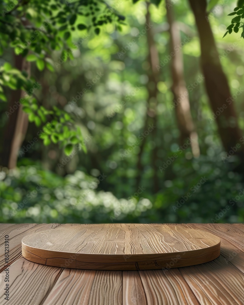 Wooden podium on wooden platform 3d illustration, wooden base for product display stand, green forest scene and blurred background, landscape - generative ai Wooden podium on wooden platform 3d illustration, wooden base for product display stand, green forest scene and blurred background, landscape - generative ai