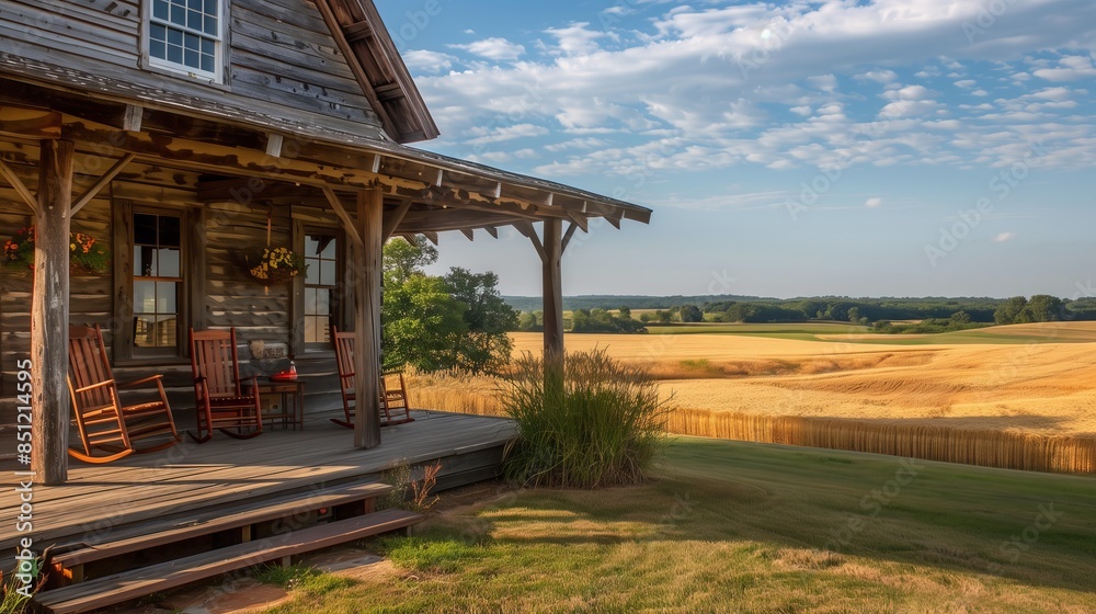 A rustic farmhouse with a wraparound porch and rocking chairs, set against vast golden wheat fields. A rustic farmhouse with a wraparound porch and rocking chairs, set against vast golden wheat fields.