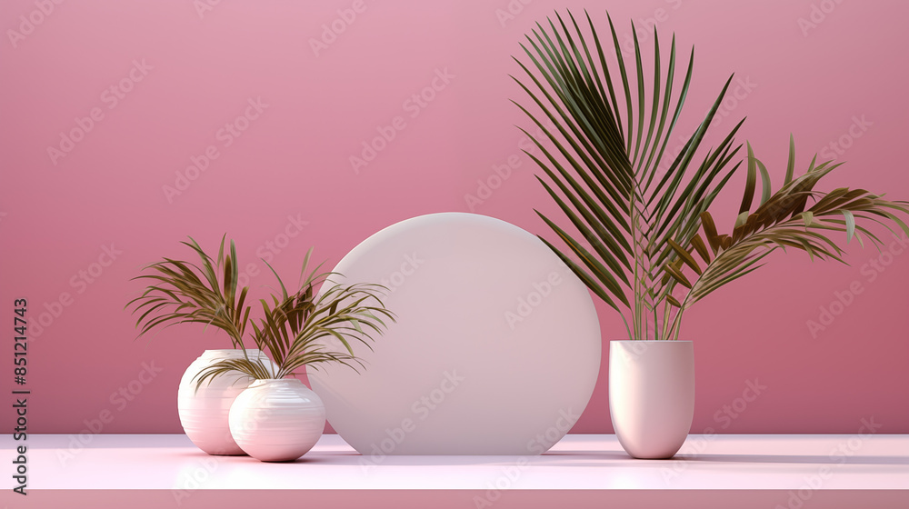 3d scene with white vase and plant with pink background, 3d rendering 3d scene with white vase and plant with pink background, 3d rendering