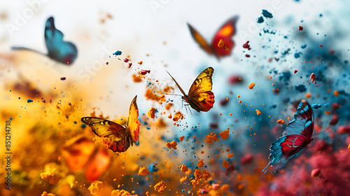 Butterflies gracefully soar through the air, surrounded by vibrant, colorful powder.