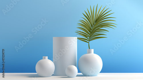 3d scene with white vase and plant with blue background, 3d rendering photo