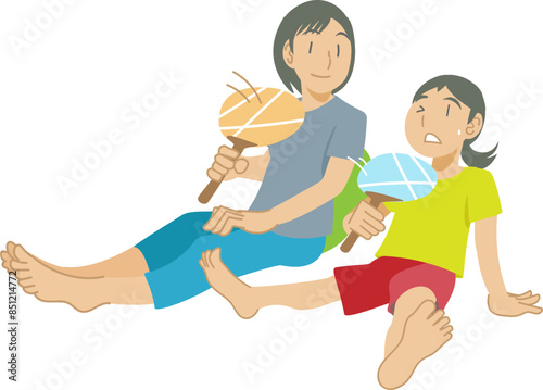 うちわで涼む親子のイラスト