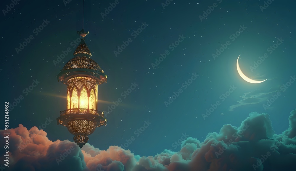 Fototapeta premium Ethereal Ramadan Lantern in Night Sky with Crescent Moon and Star Design