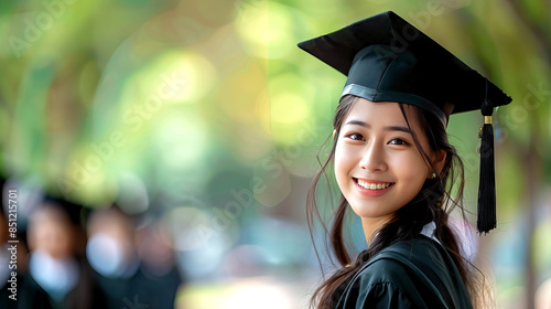 Happy female student graduate smiling wearing cap gown, copy space left, academic achievement, education ceremony