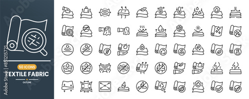 Textile and Fabric Feature vector line icon set. Containing Waterproof, Silk, Leather, Soft, Lightweight, Cloth, Wool, Synthetic. Can use for web, infographic, social media, apps. Editable stroke.