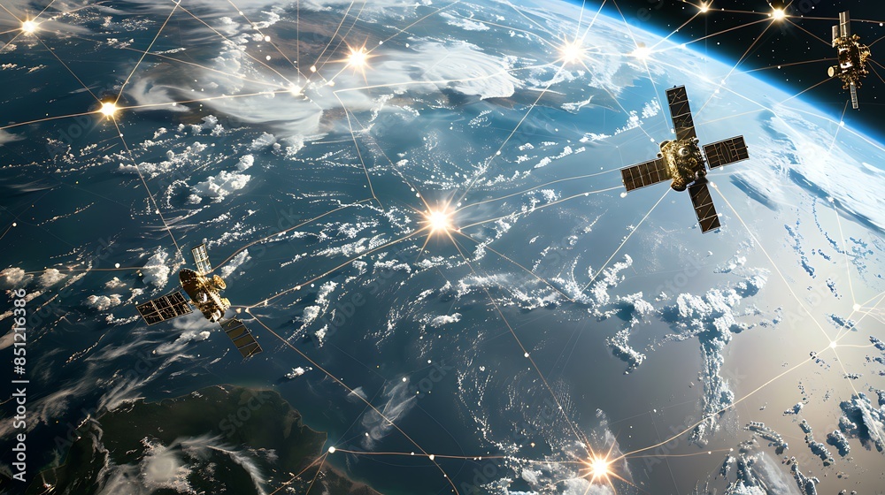 Naklejka premium Captivating Image of Satellites Orbiting Earth, Showcasing Advanced Global Communications Network and Satellite Technology in Space