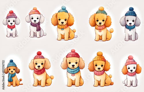 Cartoon Poodle wearing hats and necklaces,Poodle
，Duoge Comics. Multi grid emoticons, multiple animal avatars and expressions