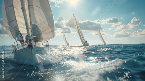 Sailing. A sports competition. A group of sailboats is racing across the ocean. The sailboats are white and move quickly through the water