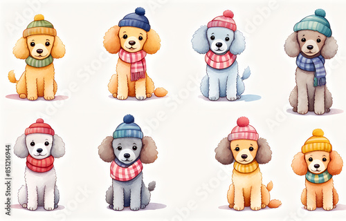 Cartoon Poodle wearing hats and necklaces,Poodle
，Duoge Comics. Multi grid emoticons, multiple animal avatars and expressions