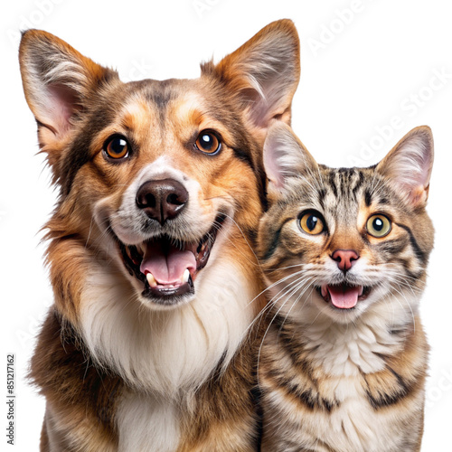 Group of dogs and cat sitting together on a white background, showcasing friendship among pets © salvia0391