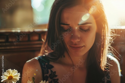 close-up portrait of a black-haired woman with a sad expression, with closed eyes near a funeral coffin, next to a bouquet of flowers on a blurred background with copy space