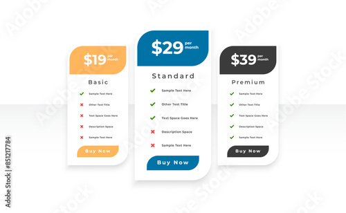 three category pricing checklist layout for choose best plan