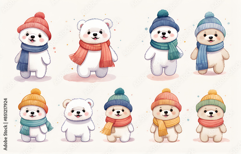 Cartoon polar bears wearing hats and necklaces,litele bears ,Duoge Comics. Multi grid emoticons, multiple animal avatars and expressions Cartoon polar bears wearing hats and necklaces,litele bears ,Duoge Comics. Multi grid emoticons, multiple animal avatars and expressions