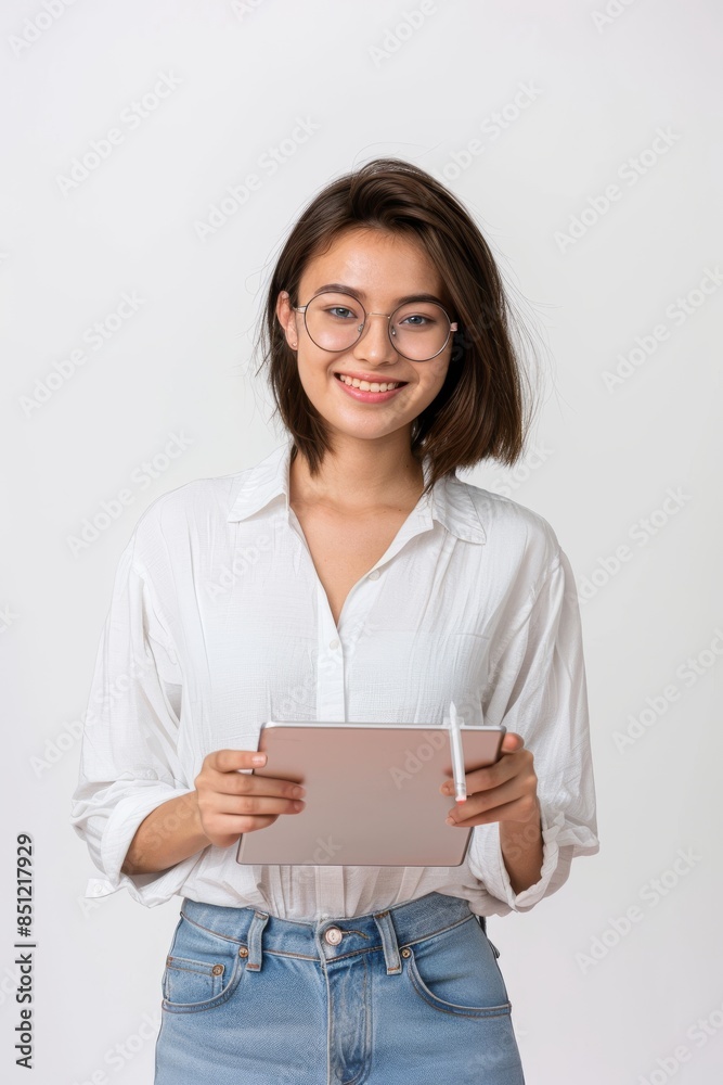 young asian woman in glasses smiling and holding digital tablet on white background young asian woman in glasses smiling and holding digital tablet on white background