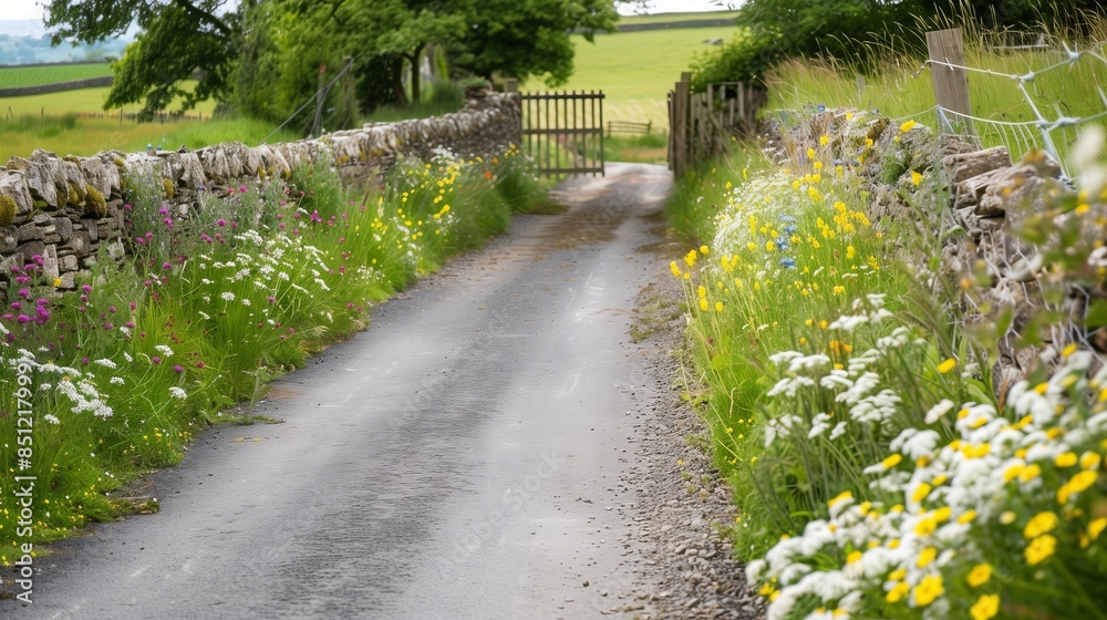 A serene countryside lane with wildflowers leads to a charming gate in the distance, inviting exploration. A serene countryside lane with wildflowers leads to a charming gate in the distance, inviting exploration.