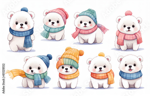 Cartoon polar bears wearing hats and necklaces,litele bears ,Duoge Comics. Multi grid emoticons, multiple animal avatars and expressions