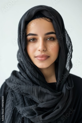 young woman wearing hijab against white background