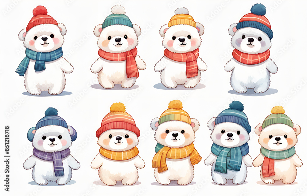Cartoon polar bears wearing hats and necklaces,litele bears ,Duoge Comics. Multi grid emoticons, multiple animal avatars and expressions