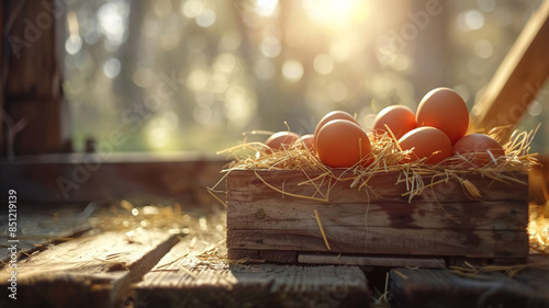 A basket of eggs  in a nest of dry straw inside a wooden henhouse, with sunlight shining in the background.