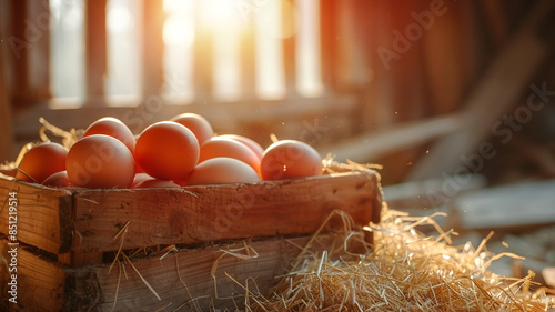 A basket of eggs  in a nest of dry straw inside a wooden henhouse, with sunlight shining in the background.