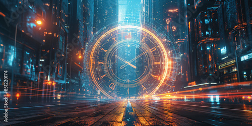 Time Travel in Futuristic City, Urban Future with Digital Clock