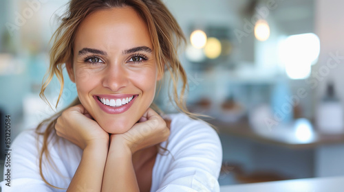 A beautiful woman. She poses to showcase her beautifully white and aligned teeth, she smiles charmingly with a wide grin and sparkling eyes, blurred view of a clinic background