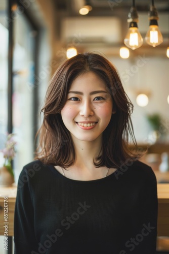 Wallpaper Mural young smiling Japanese woman looking at camera in creative office Torontodigital.ca