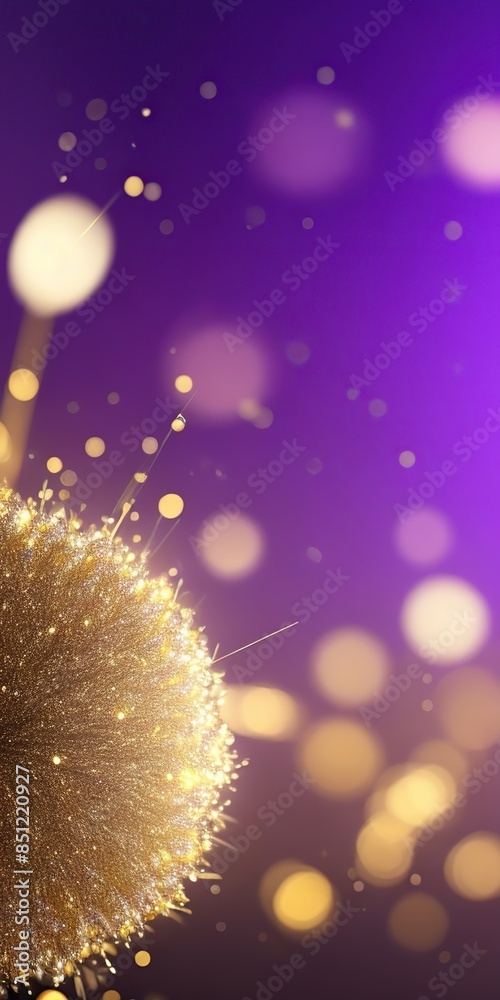 Obraz premium A wonderfully elegant festive design with a rich purple background decorated with gold elements in purple and gold dark colours, sparkling lights and bokeh effects scattered throughout the image
