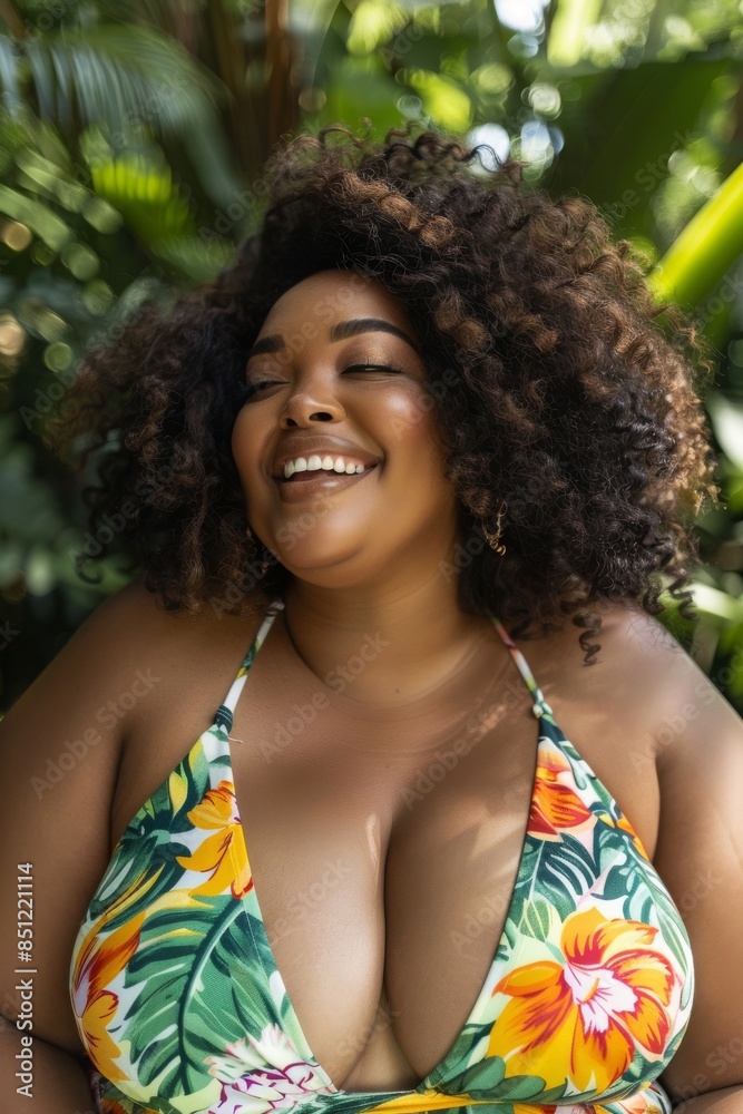 portrait of a smiling plus size woman with warm brown skin wearing a vibrant floral sundress portrait of a smiling plus size woman with warm brown skin wearing a vibrant floral sundress