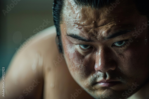 A sumo wrestler taking a break, sitting and relaxing in a moment of calm and introspection, contrasting with the intense physical demands of the sport photo