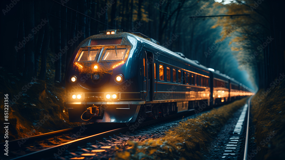 Obraz premium Vintage Train Gliding Through a Dark Tunnel with Warm Lights