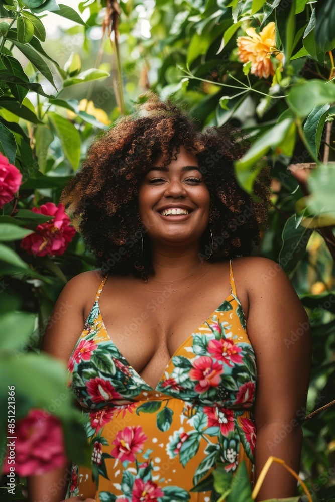 portrait of a smiling plus size woman with warm brown skin wearing a vibrant floral sundress portrait of a smiling plus size woman with warm brown skin wearing a vibrant floral sundress