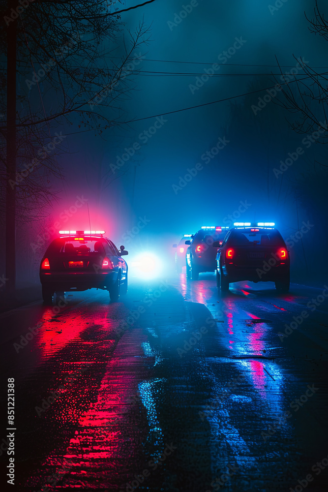 Dramatic night scene of police cars with flashing lights chasing a vehicle through a foggy background, evoking a sense of urgency and pursuit Dramatic night scene of police cars with flashing lights chasing a vehicle through a foggy background, evoking a sense of urgency and pursuit