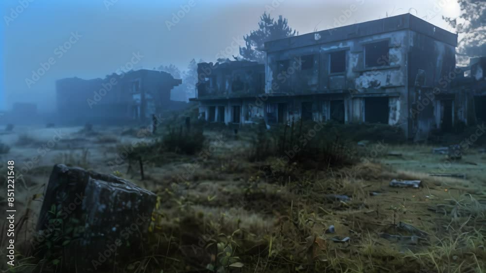 An eerie view of an abandoned building complex shrouded in fog. The structures are in severe disrepair, with crumbling walls, broken windows, and overgrown vegetation reclaiming the area. An eerie view of an abandoned building complex shrouded in fog. The structures are in severe disrepair, with crumbling walls, broken windows, and overgrown vegetation reclaiming the area.