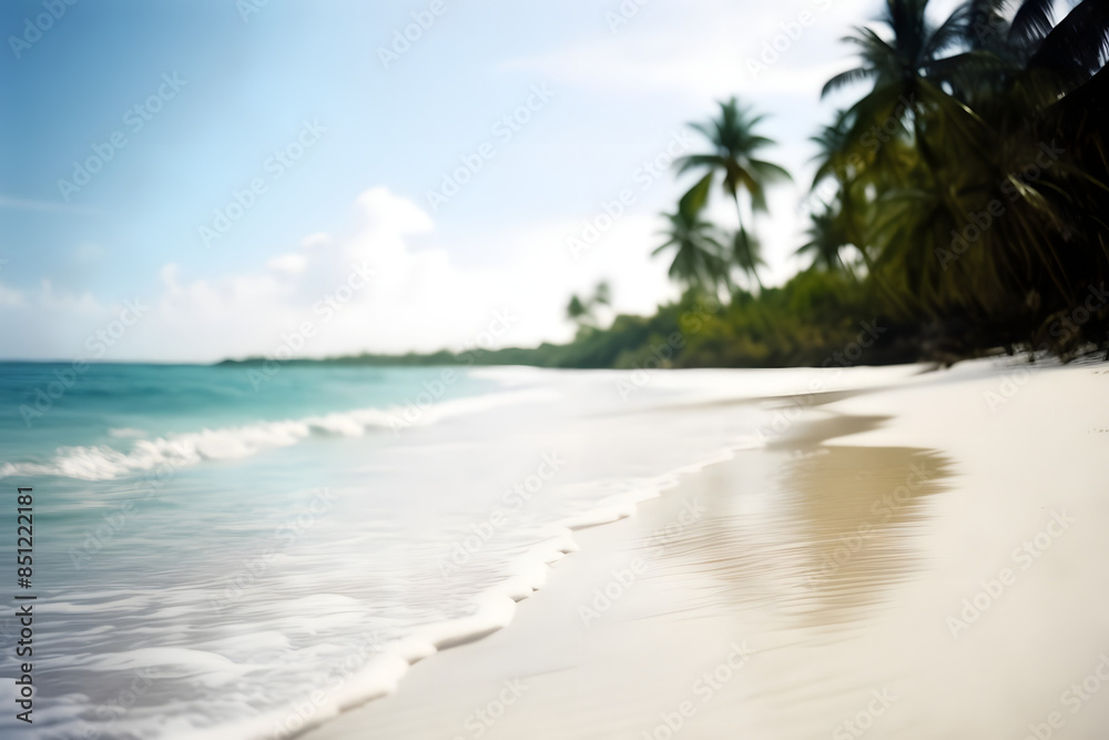 Obraz premium Close-up of soft sand on a tropical beach on a sunny day, with a blurry sea and coconut palm in the background. This idyllic scene captures the essence of a perfect holiday destination.