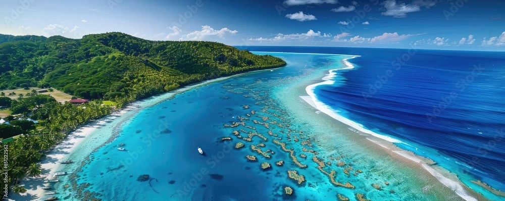 Fototapeta premium Aerial view of a tropical beach with crystal-clear turquoise waters, coral reefs, and lush green hills under a vibrant blue sky.