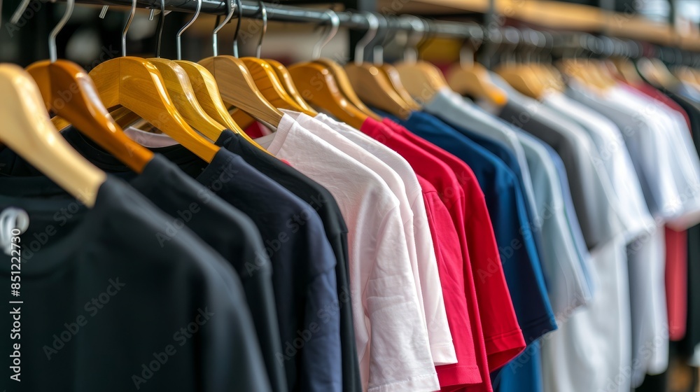Row of colorful T-shirts hanging on clothing rack display for sale in boutique fashion store at shopping mall Row of colorful T-shirts hanging on clothing rack display for sale in boutique fashion store at shopping mall