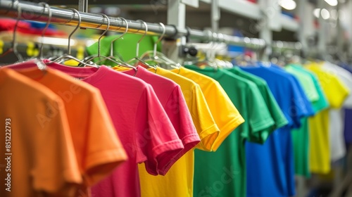 Row of colorful T-shirts hanging on clothing rack display for sale in boutique fashion store at shopping mall © Wayu