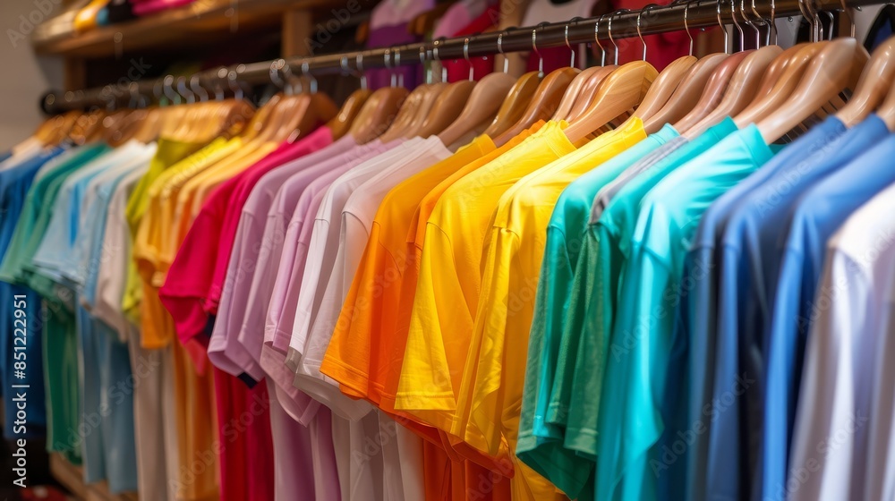 Row of colorful T-shirts hanging on clothing rack display for sale in boutique fashion store at shopping mall Row of colorful T-shirts hanging on clothing rack display for sale in boutique fashion store at shopping mall