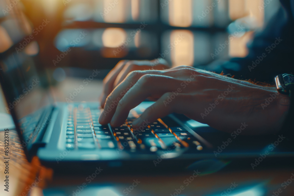 businessman typing on a laptop computer. close up of hands with fingers working on the keyboard in an office room businessman typing on a laptop computer. close up of hands with fingers working on the keyboard in an office room