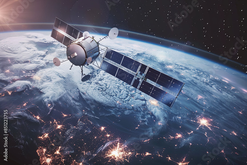 Wallpaper Mural Futuristic space satellite orbiting above the planet Earth, representing advanced technology, communication, and exploration Torontodigital.ca