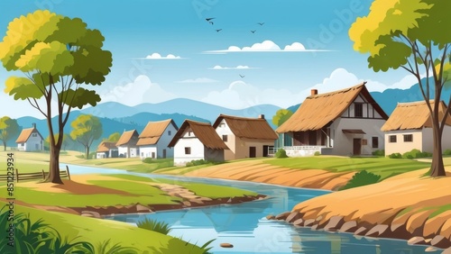 Obraz na płótnie Simple village view with daytime background, Ai generated
