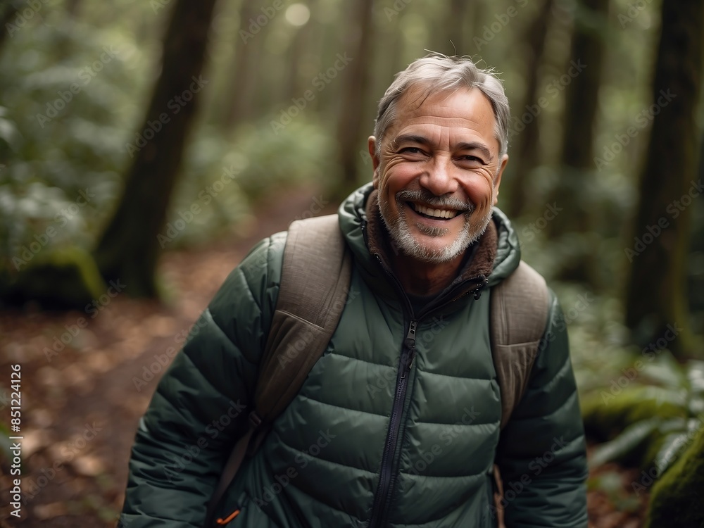 Happy old man hiking in a forest Happy old man hiking in a forest