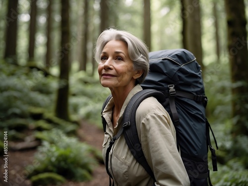 Old woman hiking in a forest