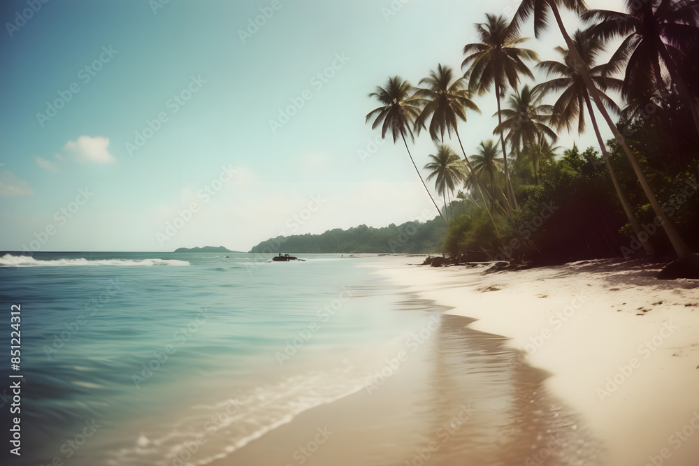 Obraz premium Close-up of soft sand on a tropical beach on a sunny day, with a blurry sea and coconut palm in the background. This idyllic scene captures the essence of a perfect holiday destination.