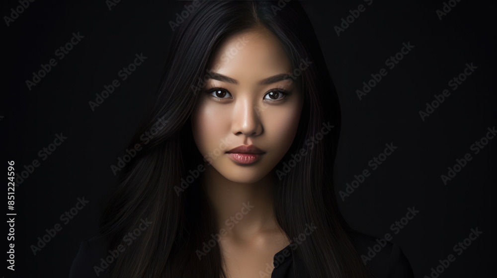 young Asian woman against a sleek black backdrop young Asian woman against a sleek black backdrop
