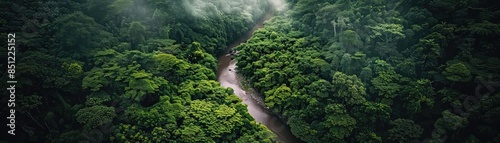 Aerial view of a river winding through a lush green rainforest, enveloped in morning mist, capturing the beauty of untouched nature. photo