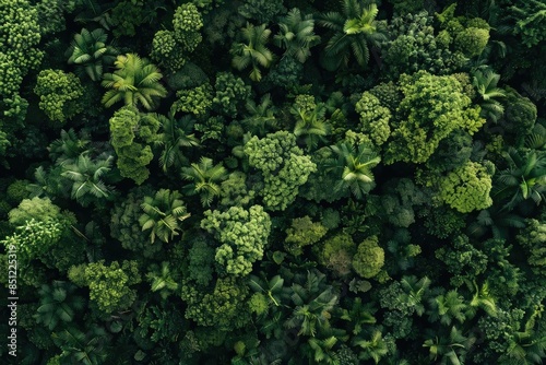 Aerial view of a lush, dense tropical rainforest with vibrant greenery and diverse plant life. Perfect for nature, conservation, and travel themes.