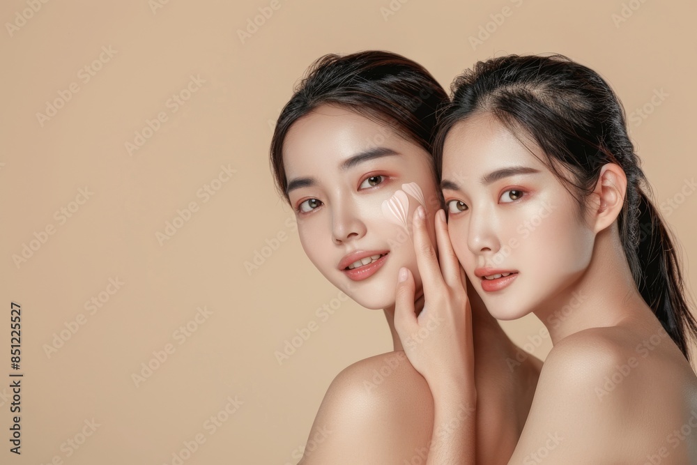 Two Asian woman with beauty face touching healthy skin care on beige background Two Asian woman with beauty face touching healthy skin care on beige background